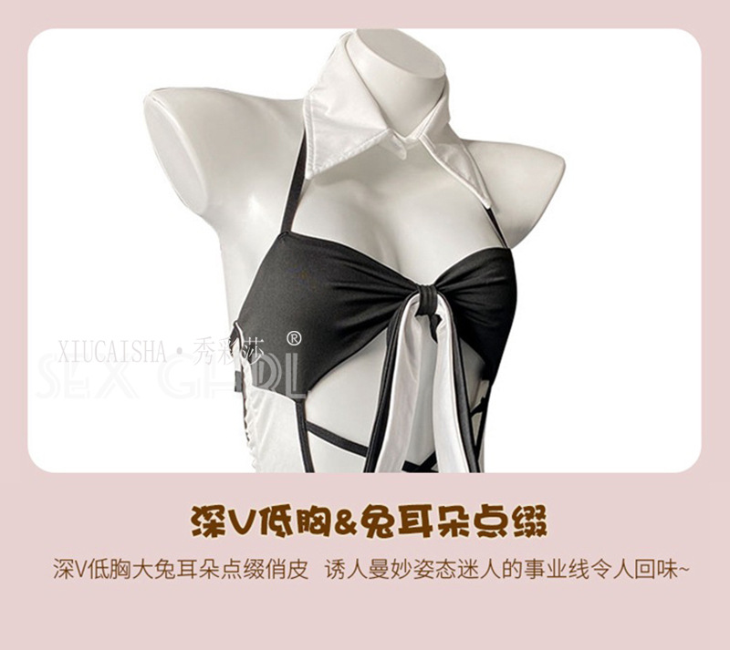 Bunny Girl Costume Jumpsuit with Open Crotch Design and Black Bow Stockings — detail image 12