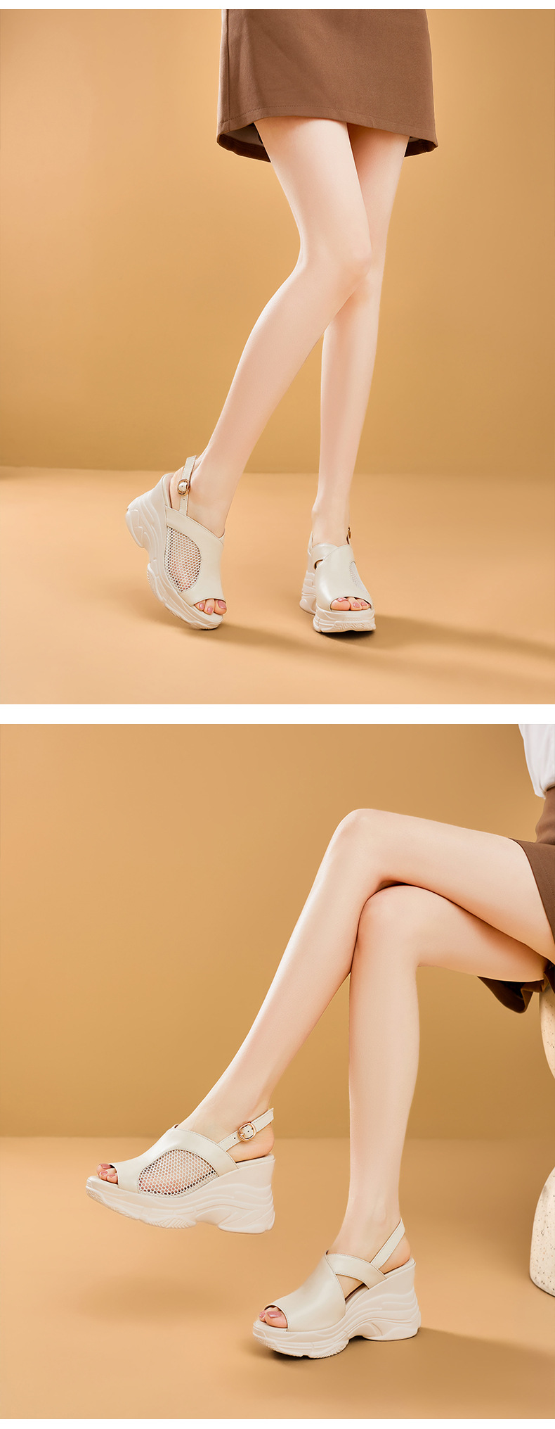 Sandal nữ hở mũi đế xuồng gót cao 9 cm, da bò lưới phối miệng cá — Màu trắng be chi tiết 7