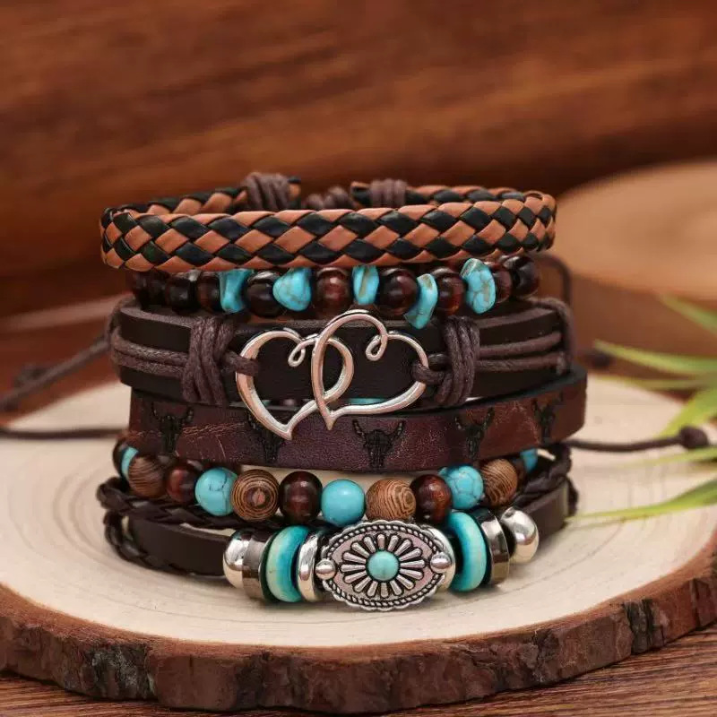 Nuevos productos transfronterizos Cuentas de madera europeas y americanas con cuentas de múltiples capas flor retro pluma de pavo real juego de pulsera tejido a mano en forma de corazón image 2