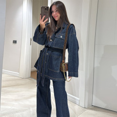 2025年の新型欧米アマゾンの国境を越えた対外貿易婦人服は長袖のベルトのデニムのズボンの2つのセットを掛けます。