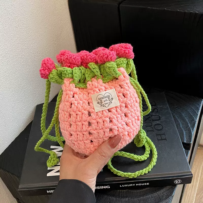 玫瑰花手工编织包包diy材料包毛线钩织成品斜挎手机包送女友礼物