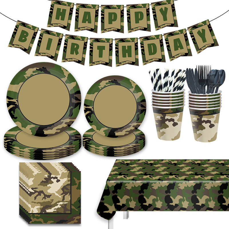 Camouflage Theme Party Tableware Paper Tray Paper Tissue Birthday Supplies Military March Disposable Birthday Party suit
