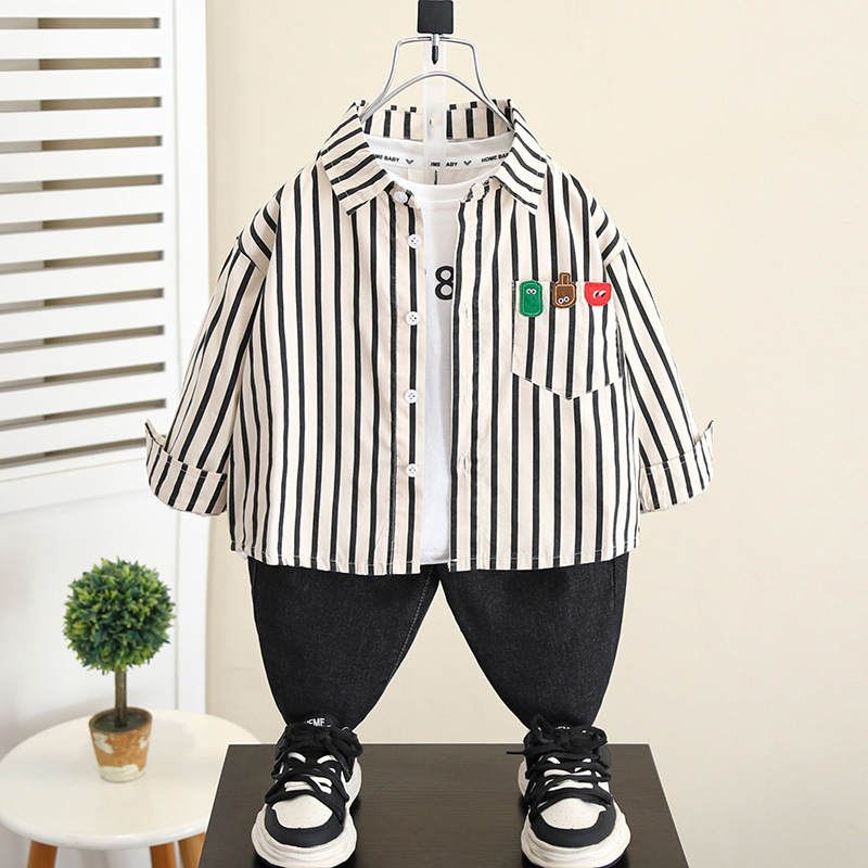 5836 Chaqueta de camisa a rayas para niños Primavera y otoño 2025 Nuevo estilo Camisa de manga larga para niños Ropa de otoño para bebés