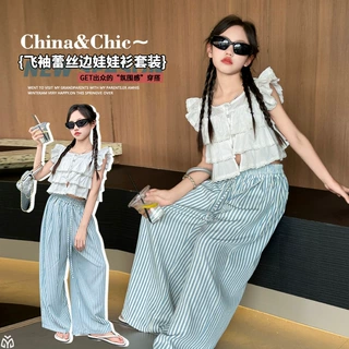 女童飞袖娃娃衫套装2026新款儿童洋气夏季中大童条纹直筒裤两件套