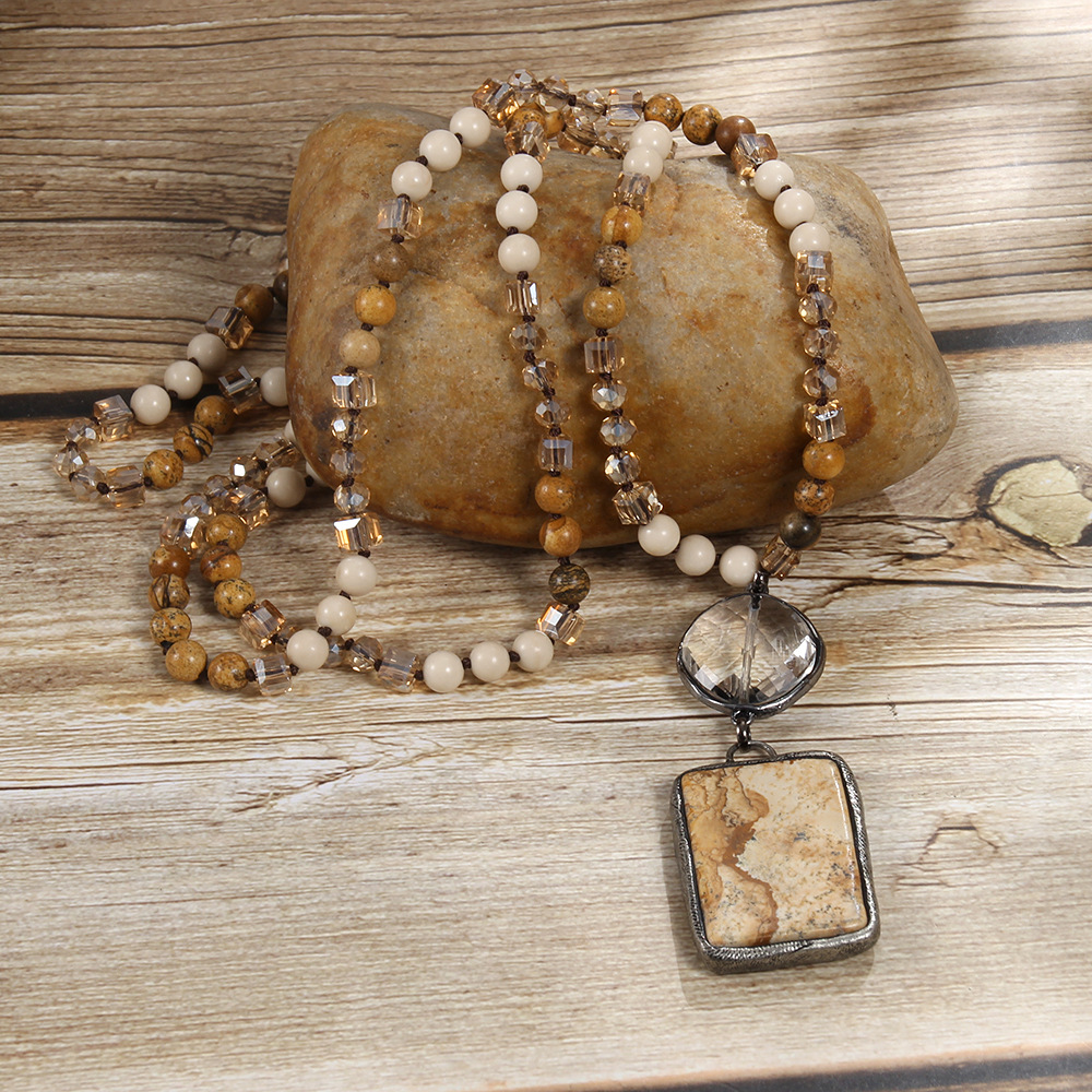 65g Weight Natural Stone Pendant Material Pendant Necklace Classification Natural Stone Chain Material Beaded Chain Chain Type 1 Piece Quantity Holiday Occasion natural stone Material Geometric Pattern Women's Gender Retro Style Retro Geometric Natural Stone Beaded Chain Pendant Necklace In Bulk 6