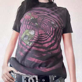 2024秋冬新款复古圆领上衣拼接印花T恤 万圣节时尚女装辣妹