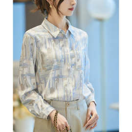 24春季款重磅三醋酸缎面仿真丝衬衫职业女装上衣长袖精致印花衬衣