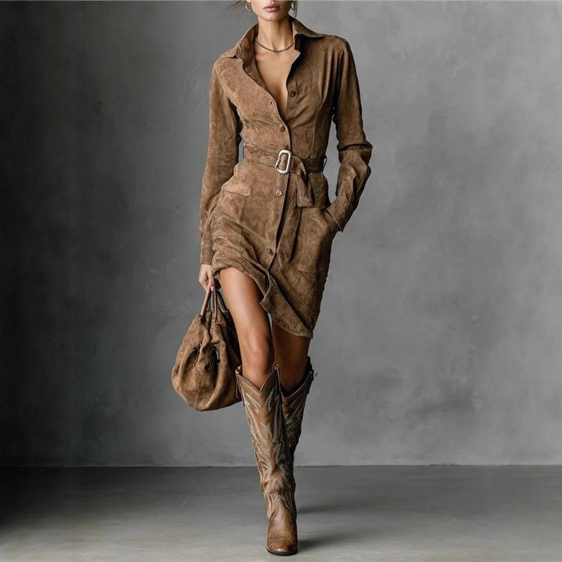独立站外贸女装2025秋冬麂皮绒时尚单排扣衬衫款连衣裙短裙配腰带