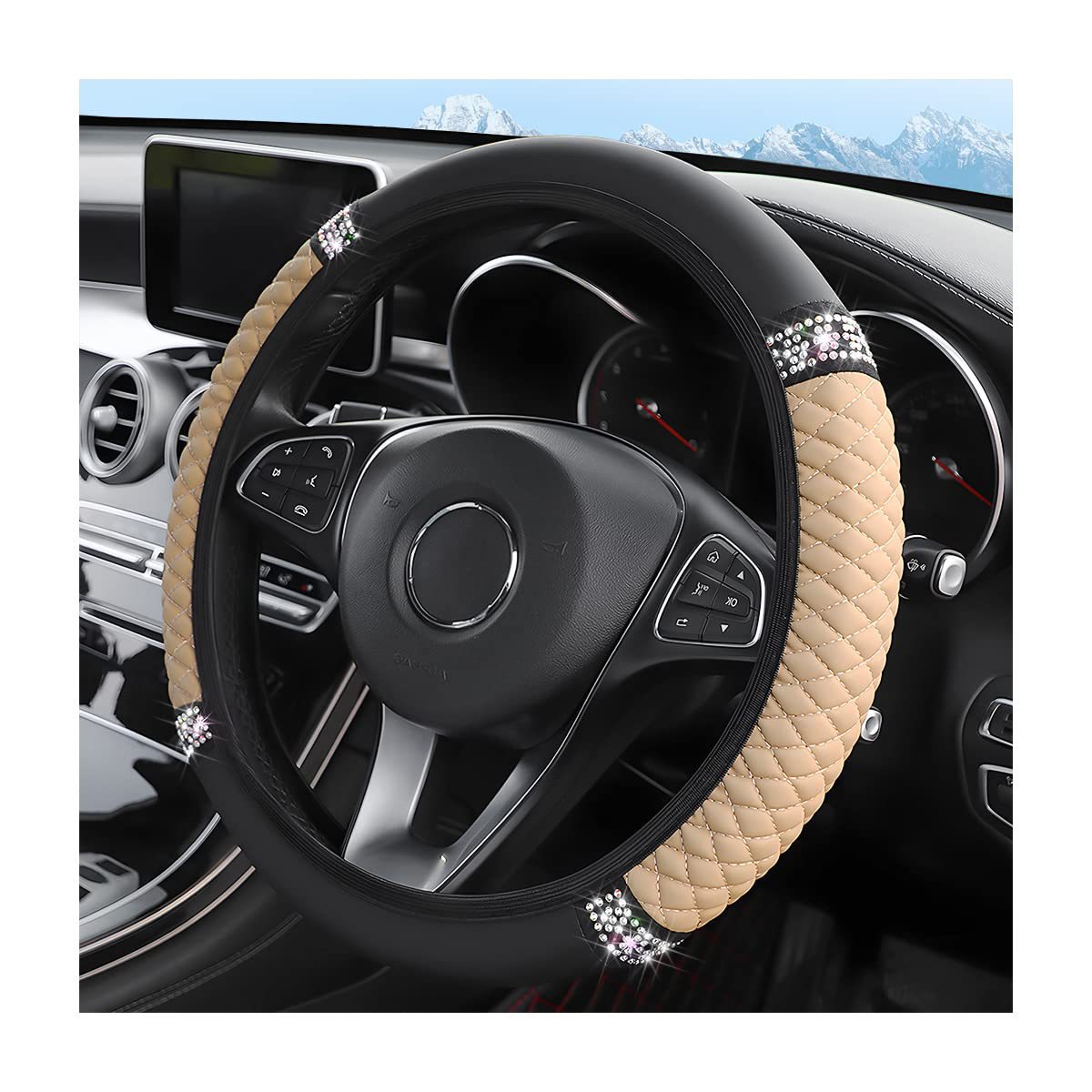 Factory Direct Sales Cross-Border Colorful Rhinestone Car Steering Wheel Cover, Leather Three-Dimensional Interior Handle Cover Without Inner Ring