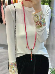 中式国风女装早春秋冬2025白色内搭长袖恤打底衫刺绣上衣民族风
