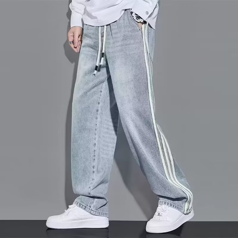 American Striped Wide-leg Jeans Men's Spring and Summer New High Street Loose Straight-leg Wide-leg Trousers Cross-border Hair