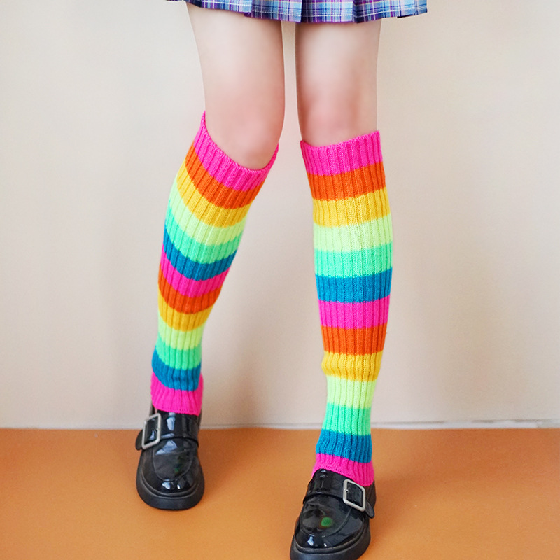 Knit Autumn/Winter JK Socks for Women, Fluorescent Color Striped Mid-Calf Leg Warmers for Dancing, Warm Pile Socks, Harajuku Style, Woolen