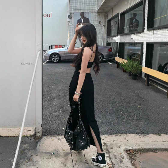 Pure Desire Spice Girl Hollow-out Backless Sling dress Women's Summer Slim-fit Tight Waist Hip Skirt Holiday Style Split Long Skirt