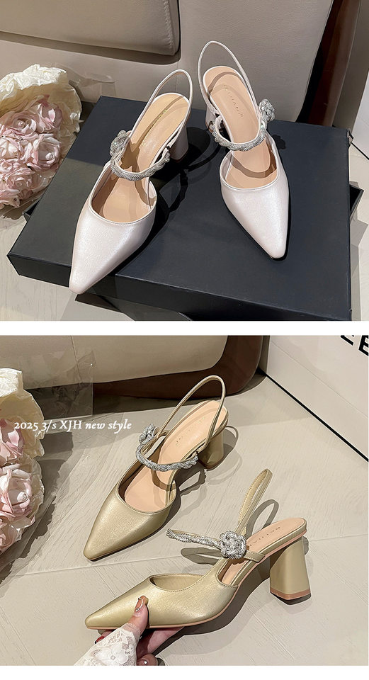Dép sandal nữ bít mũi mũi nhọn gót thô đính đá hoa, gót 3–6 cm — Màu nâu, Màu trắng be, Màu xanh lục nhạt chi tiết 15