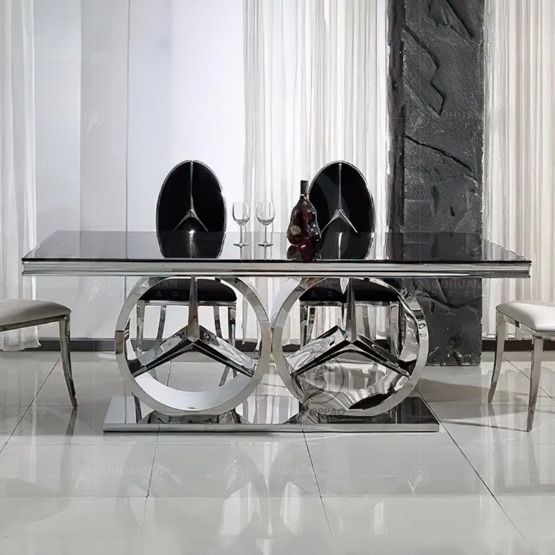 High-End Light Luxury Stainless Steel Marble Dining Table and Chair Combination Hotel Wedding Home Restaurant Rectangular Dining Table