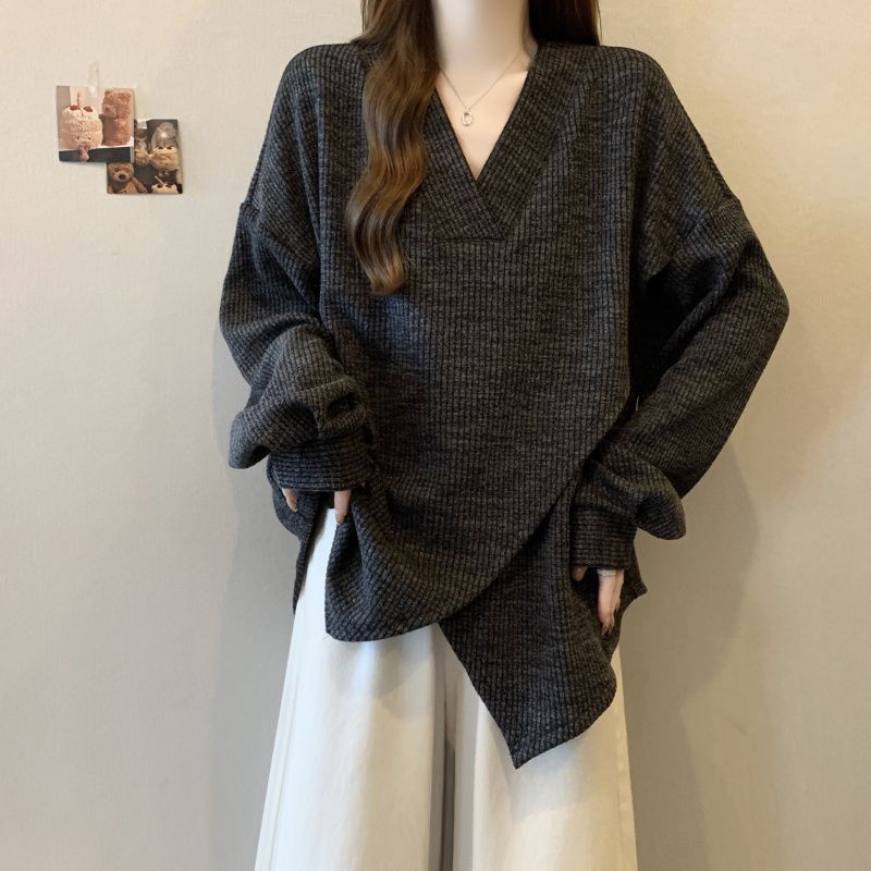 大码纹理感坑条交叉设计感长袖上衣女2025春秋新款宽松显瘦打底衫|undefined