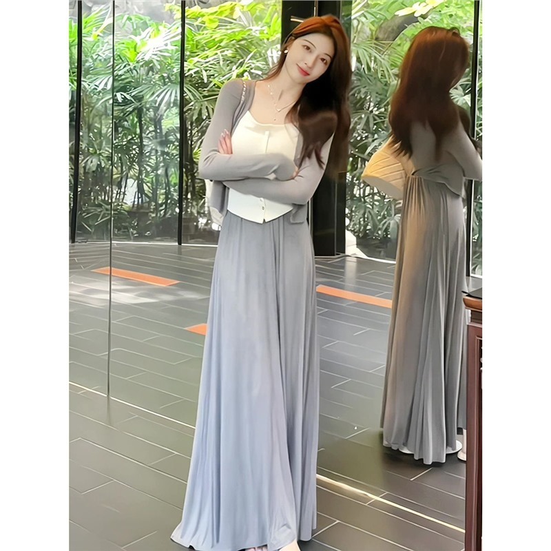 松弛感套装春秋新款假两件设计开衫上衣气质高腰长裙一整套两件套|undefined