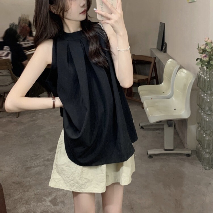 Korean Style Sleeveless Hanging Neck Shirt Women's Spring New Fashion Round Neck Design Sense Chic Pleated Blue Top Trendy