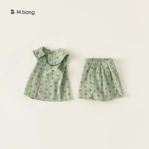 INSbobo girls casual all-over printed small floral green suit 2024 summer children's suit DXT7237