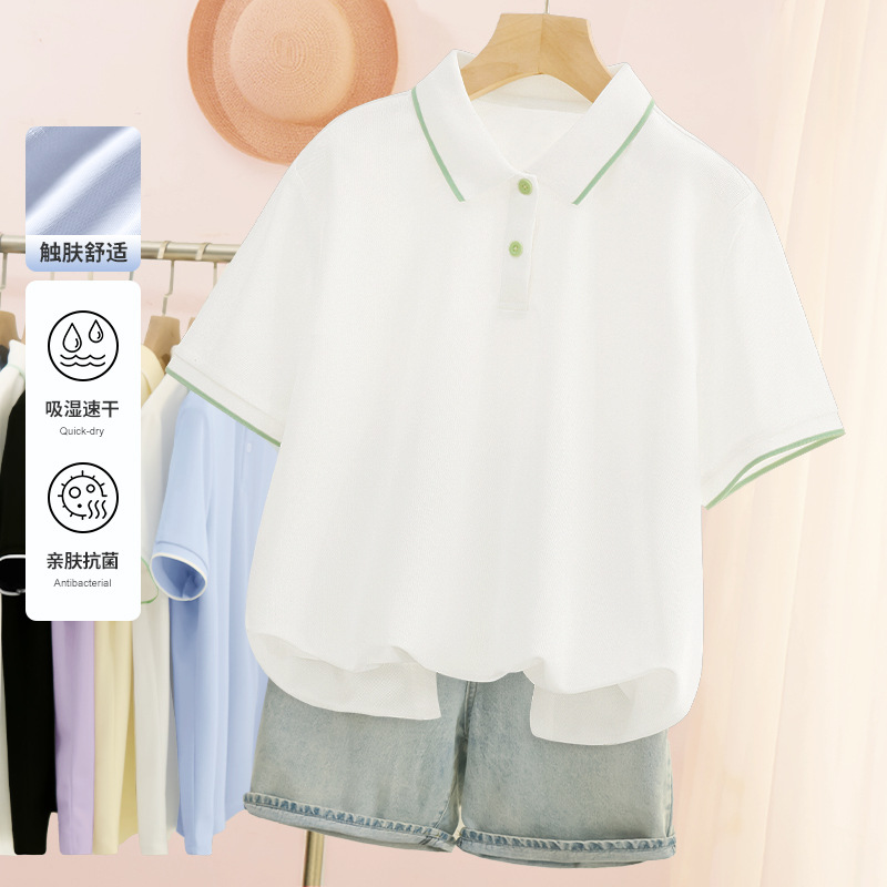 Women's petite faux cotton pique knit T-shirt, stylish collared polo shirt, summer breathable sun-protective shirt.