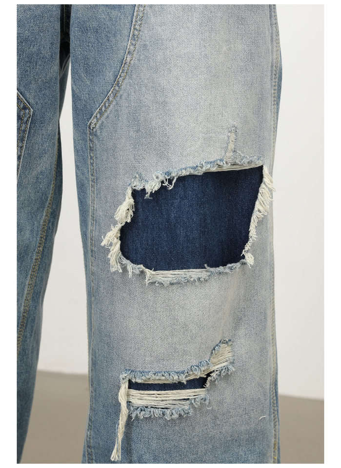 Quần jeans nam dáng rộng ống đứng phong cách Mỹ, wash xước rách phối vải — màu xanh chi tiết 15