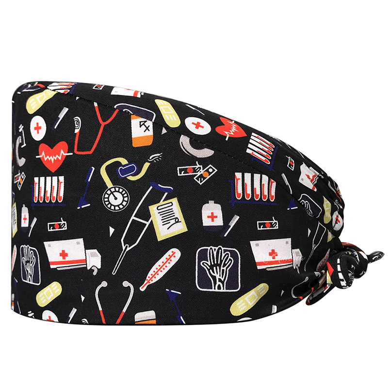 Gorro de Médico de Algodón Puro Estampado para Comercio Exterior, con Correa Ajustable con Botones, Absorbente de Sudor, Gorro de Dibujos Animados para Estudio, Gorro de Enfermera de UCI