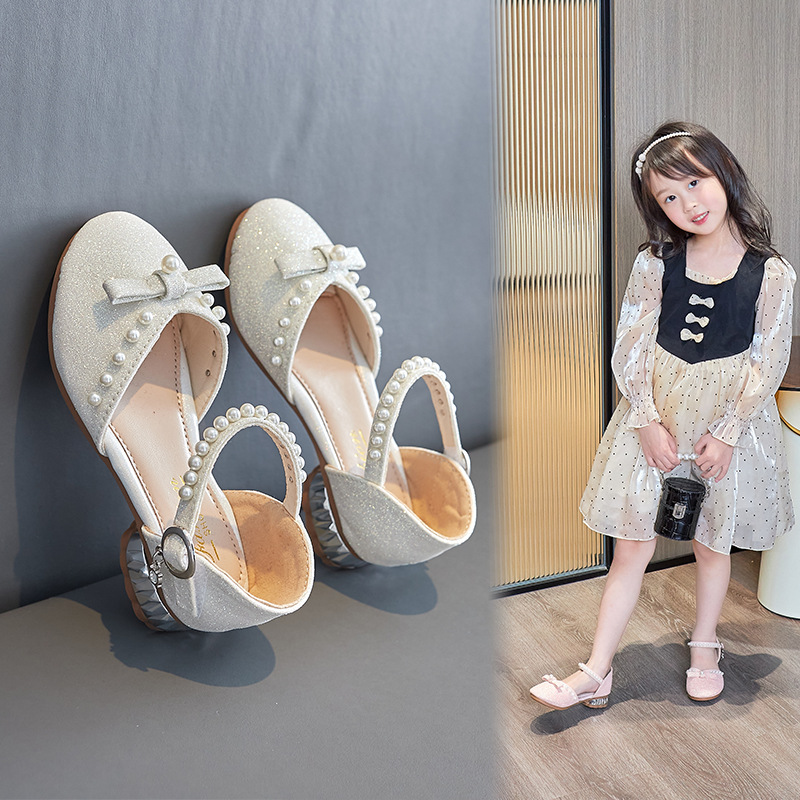 Girls Princess Sandals 2024 Summer New Children's Leather Shoes Medium and Big Children High Heel Princess Shoes Soft Sole Non-Slip Bow