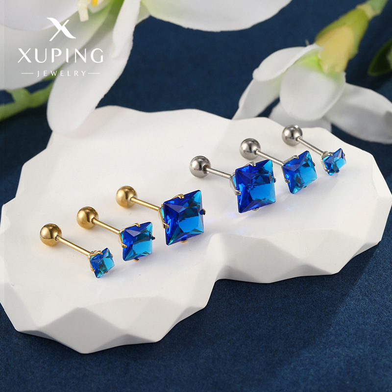 Xuping joyería de acero inoxidable tornillo torcedura hebilla pendientes cuadrados japonés y coreano personalidad de la moda azul pendientes de Gema artificial