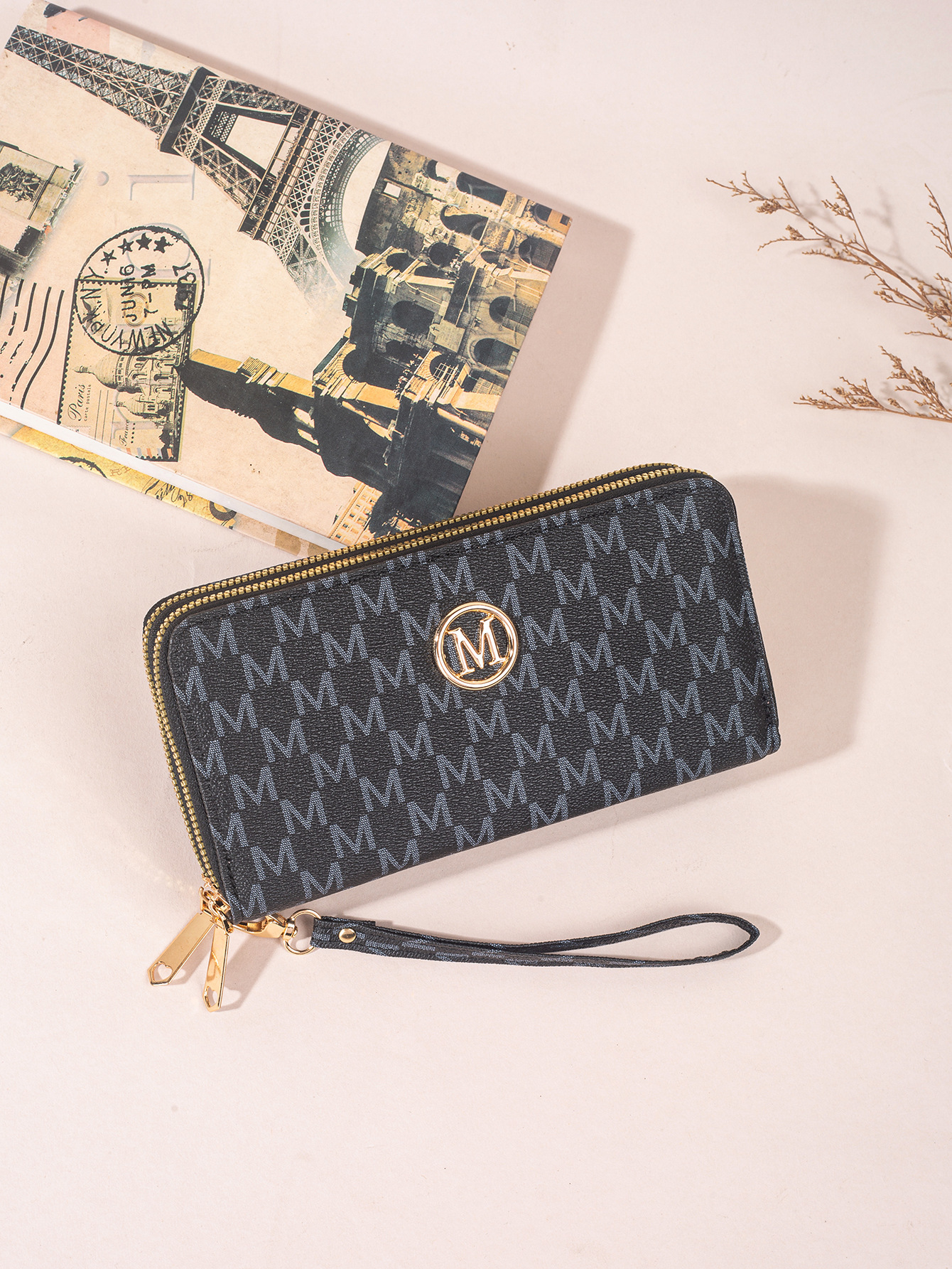 Nueva moda damas billetera larga de doble cremallera nueva impresión bolso de mano multi-tarjeta de gran capacidad compartimiento cremallera