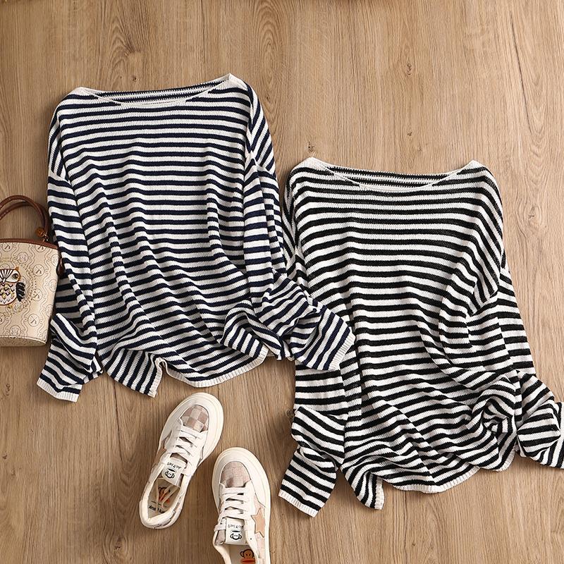 Early Autumn and Paper Yarn Dry Lightweight Contrast Stripe Loose Collar Long Sleeve Knitted