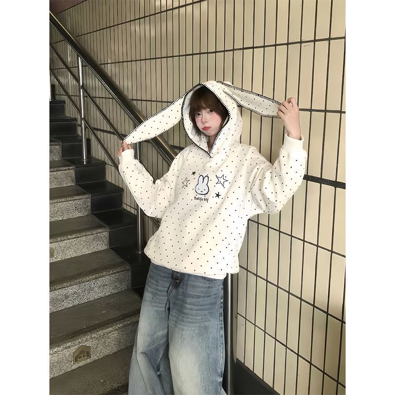Embroidered Cute Bunny Ears Polka Dot Sweatshirt for Women, Autumn Loose-Fitting Girly College Style Hooded Jacket, Direct from the Factory