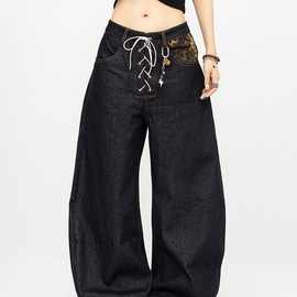 豹纹拼接 弯刀美式复古牛仔弯刀裤女设计感宽松阔腿裤长裤女
