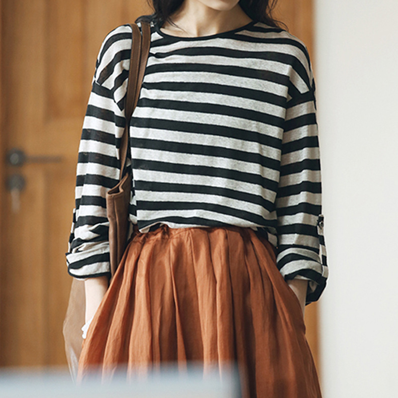 亚麻条纹长袖T恤圆领夏季空调衫宽松遮阳女罩衫休闲条纹套头上衣