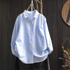 棉质灰色条纹衬衫女长袖小个子秋季新款宽松休闲内搭叠穿打底衬衣