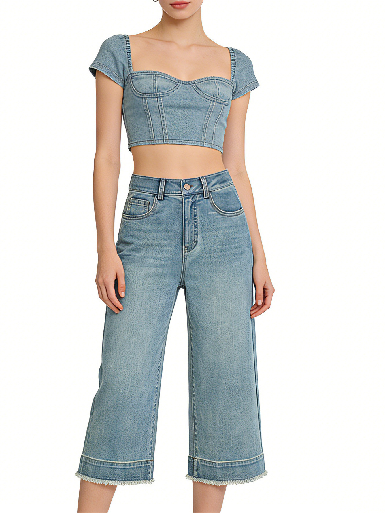 Quần jean nữ ống rộng cạp cao, chất liệu cotton pha linen mỏng nhẹ, dáng suông rủ, gấu tua rua — xanh lam
