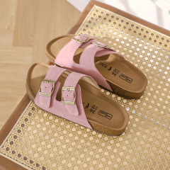 粉色博肯鞋女真皮復古厚底雙扣帶軟木底踩屎感拖鞋防滑沙灘鞋涼鞋