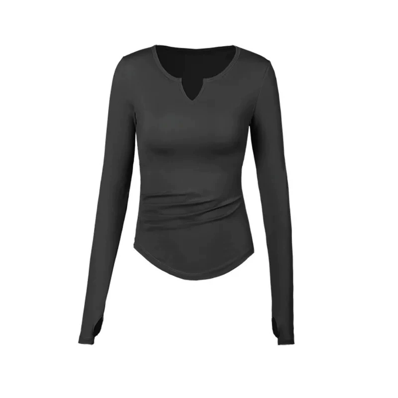Йога-одежда, приталенная с long sleeves, дышащая быстро сохнущая спортивная футболка для йоги/тренажёрного зала, V-образный вырез, для бега