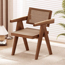 。昌迪加尔藤编餐椅家用实木餐桌椅子侘寂风北欧设计师实木餐桌凳