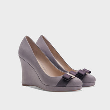 紫色蝴蝶结坡跟单鞋女厚底高跟鞋性格小圆头古早风