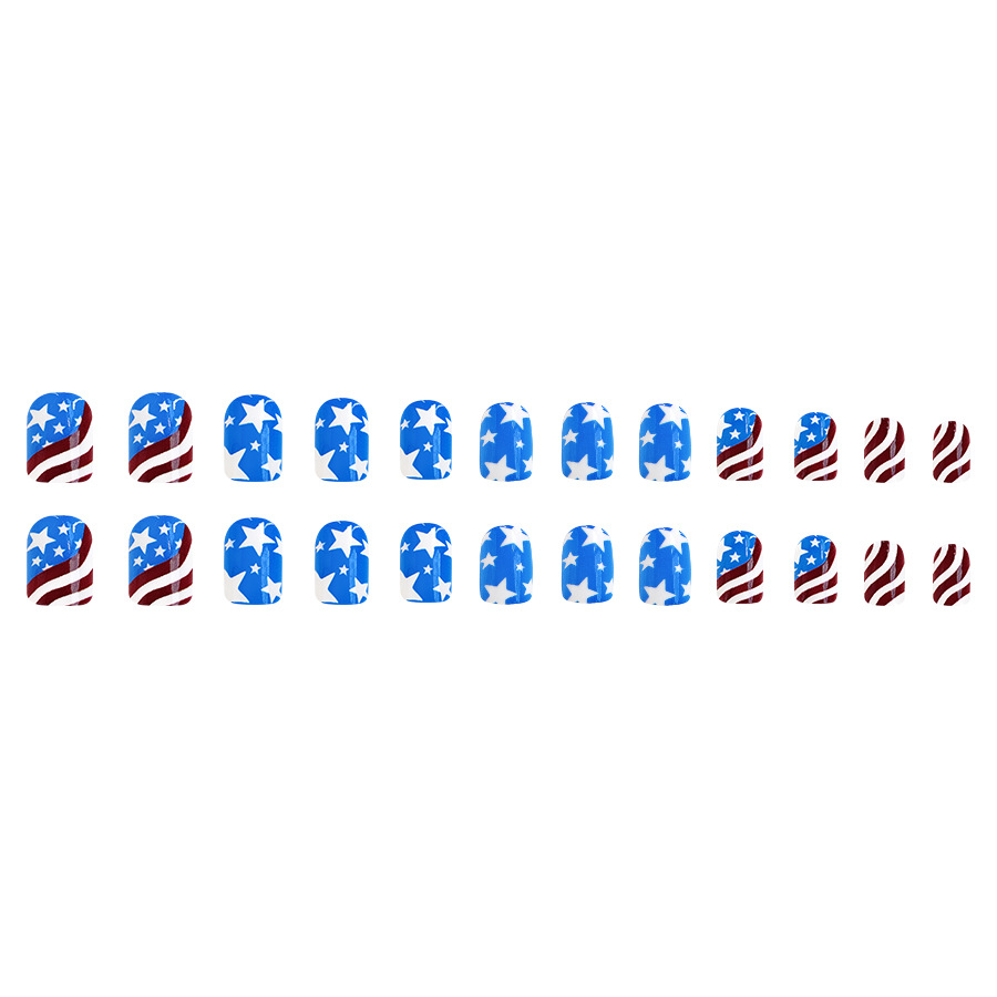 Short bright red and blue color matching color stripe independent day wear nail art American five-pointed star foreign trade nail art 24 pieces_voghion.com