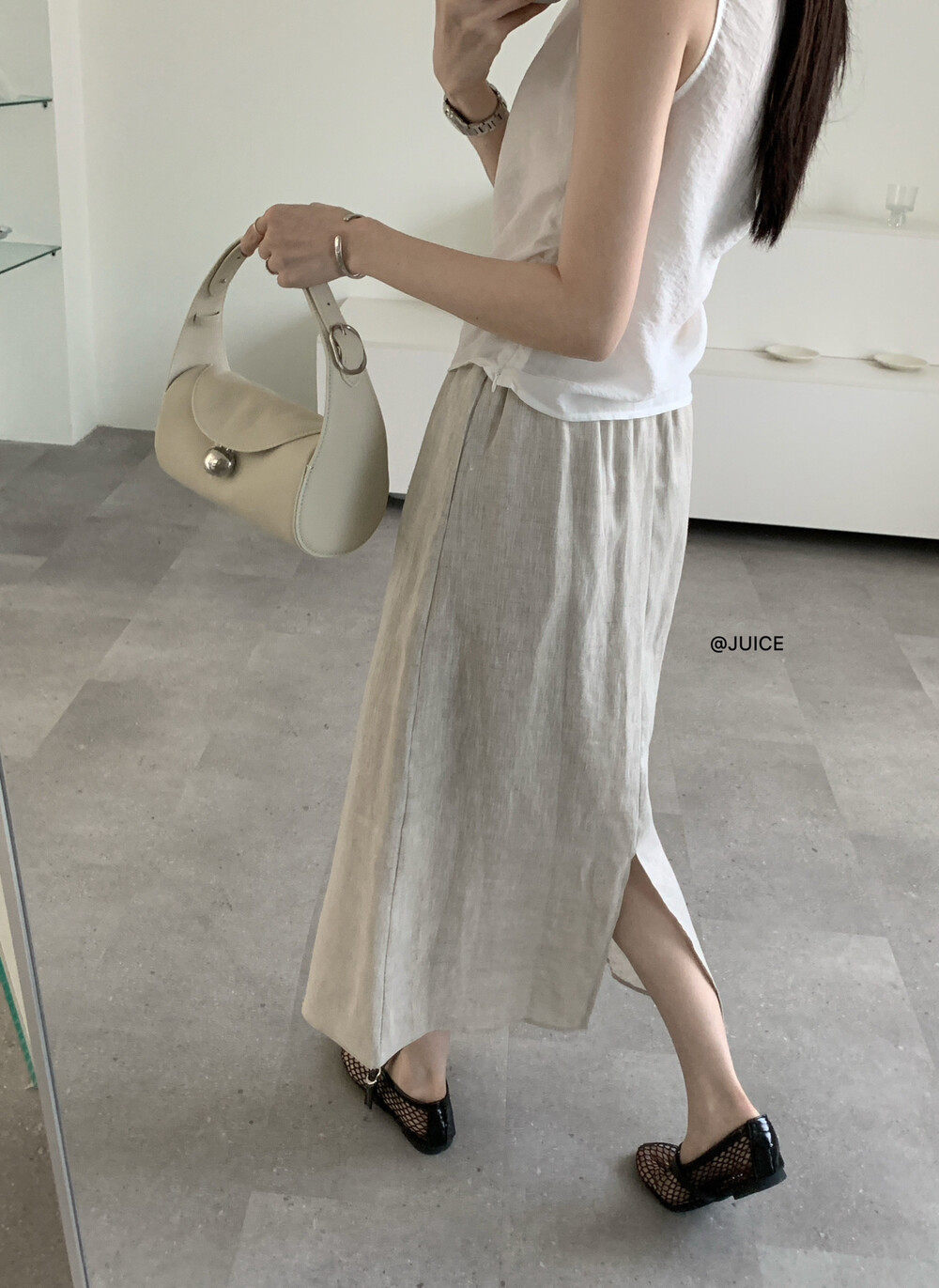 Chân váy linen cạp chun chữ A dáng dài nữ phong cách tối giản — màu đen, Xanh đen, Xanh nước biển, Màu cà phê chi tiết 11