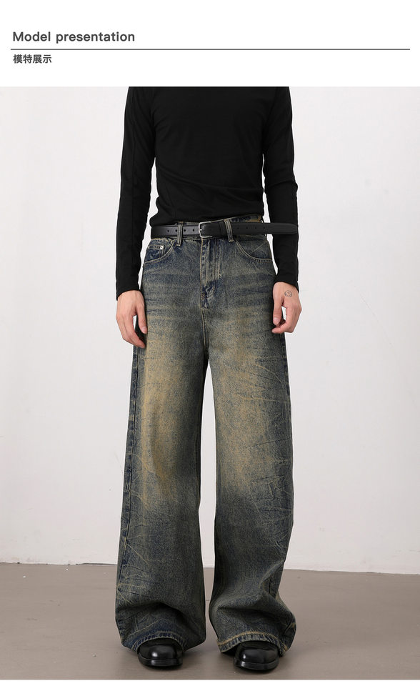 Quần jeans nam dáng rộng ống suông phong cách retro Mỹ, râu mèo xanh, giặt mài làm cũ — Xanh cổ điển chi tiết 9