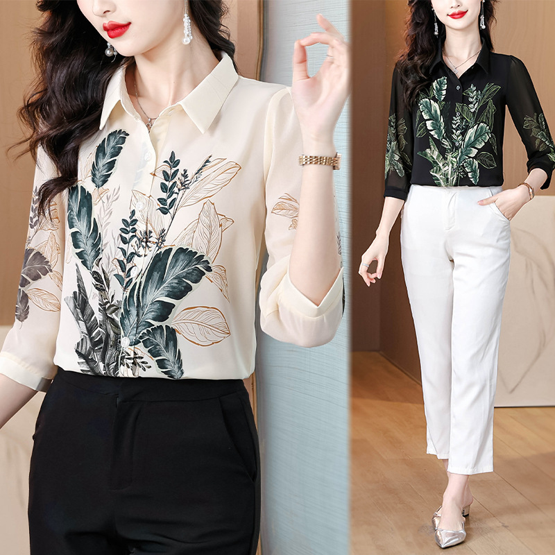 Counter Brand Summer Style Middle-Aged Nine-Quarter Sleeve Tops, Mulberry Silk Shirts, Fashionable Slimming and Versatile Women's Shirts