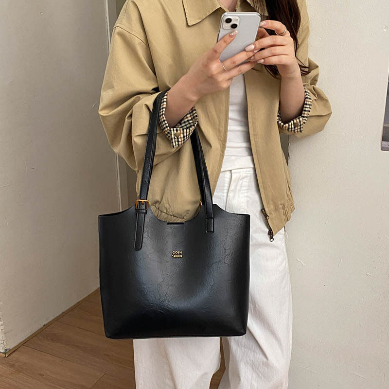 Túi tote nữ cỡ lớn phong cách retro, đựng nhiều đồ, có quai đeo vai và kẹp nách — Màu cà phê PU, PU đen, màu cà phê, đen chi tiết 26