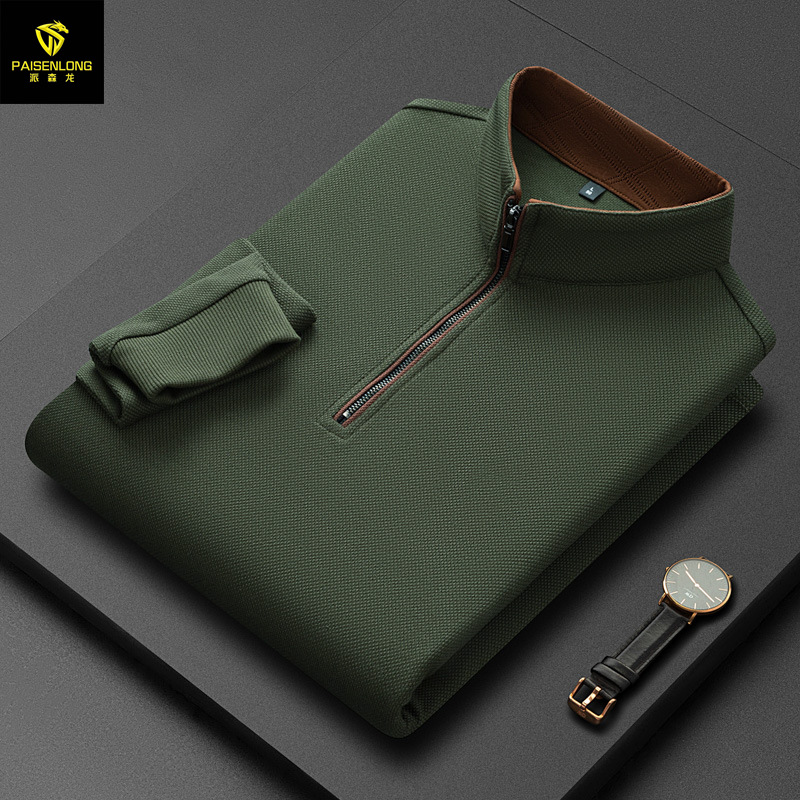 2025秋冬时尚立领拉链280g双面菠萝格长袖男polo特色领子压花男T