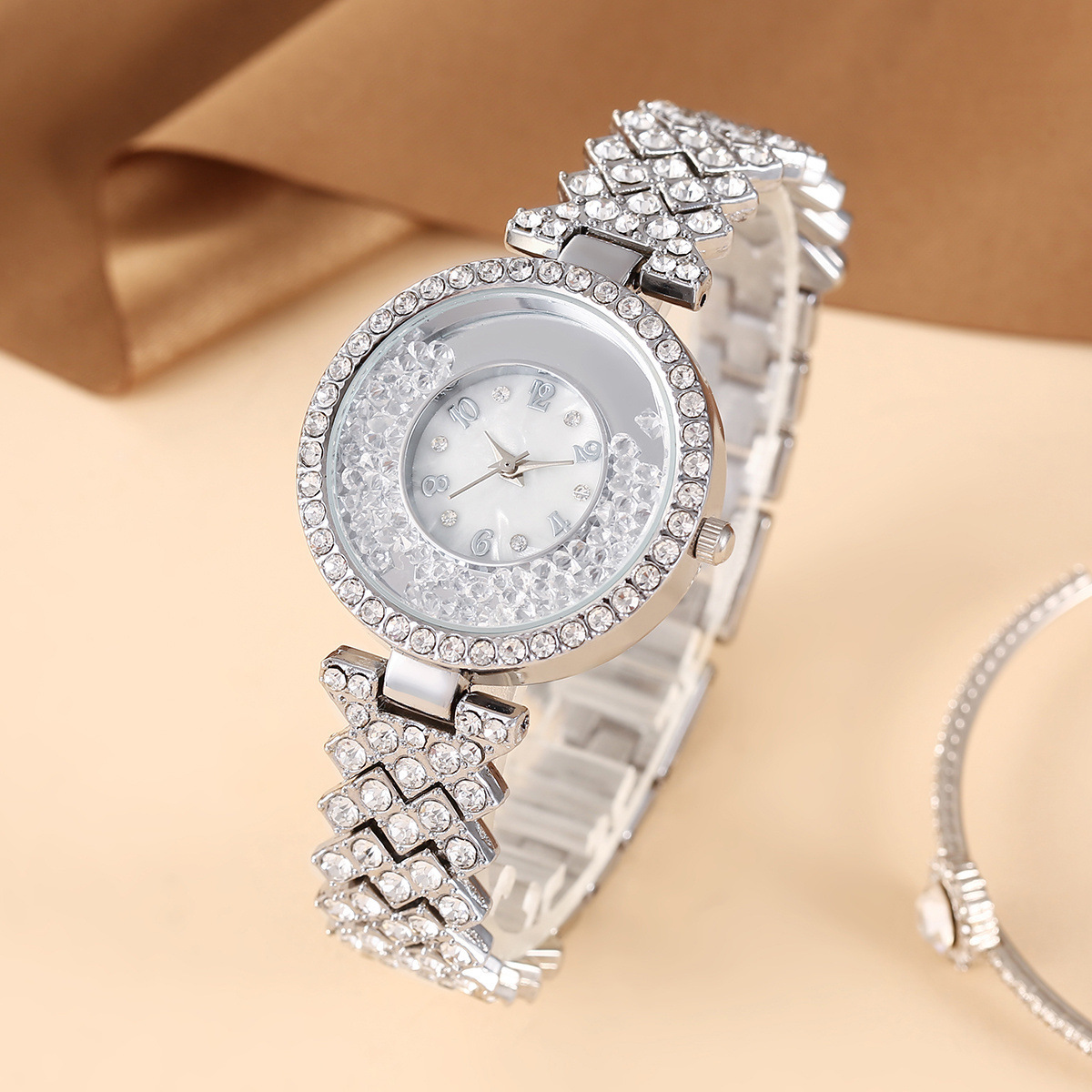 Fashion quicksand ball rhinestone Women's Watch Diamond Steel Belt bracelet digital dial light luxury watch_voghion.com