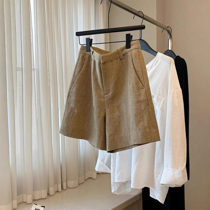 Fashionable casual high-quality old money style ~ summer khaki linen high waist slimming long legs cotton and linen shorts women's thin Fashionable casual high-quality old money style ~ summer khaki linen high waist slimming long legs cotton and linen shorts women's thin