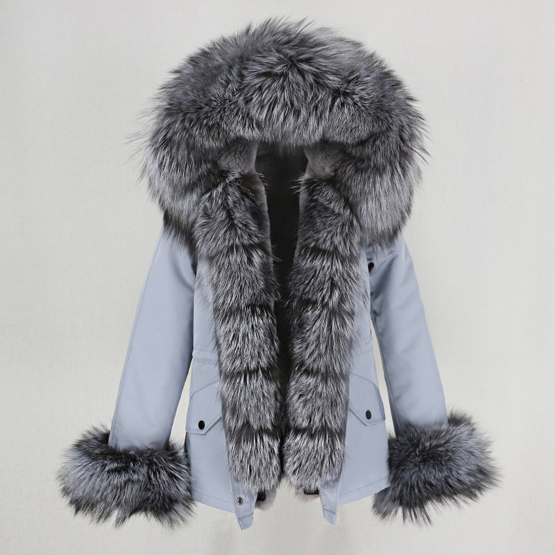 Damkläder höst och vinter ny avtagbar rävpälskrage kort mode varm parka pälskappa_voghion.com
