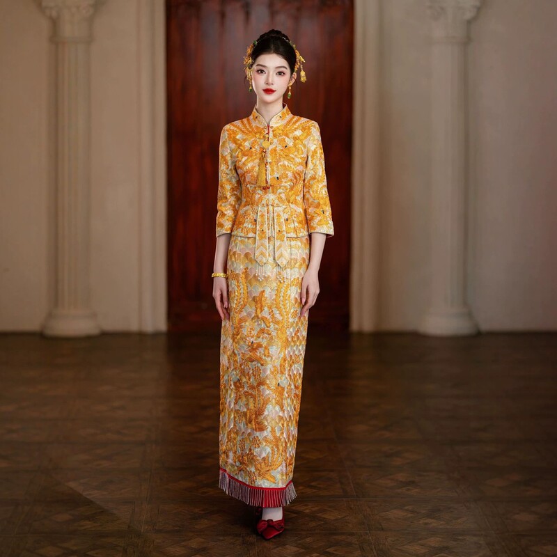 Golden Xiuhe Dress, Dragon and Phoenix Gown, 2026 New Style Toast Dress, Bridal Dress, Slimming Wedding Xiuhe Dress, New Chinese Style Formal Dress Golden Xiuhe Dress, Dragon and Phoenix Gown, 2026 New Style Toast Dress, Bridal Dress, Slimming Wedding Xiuhe Dress, New Chinese Style Formal Dress