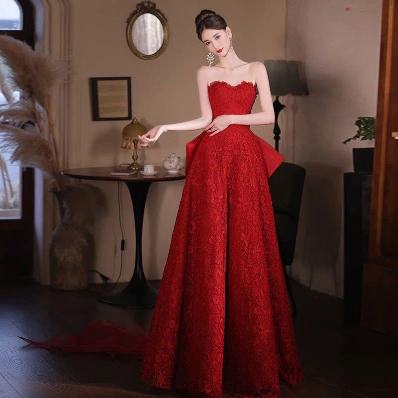 Evening Dress, Stunning Red Lace Engagement Princess Gown, High-End Wedding Toast Dress, Bride's Wedding Dress for Banquet Evening Dress, Stunning Red Lace Engagement Princess Gown, High-End Wedding Toast Dress, Bride's Wedding Dress for Banquet